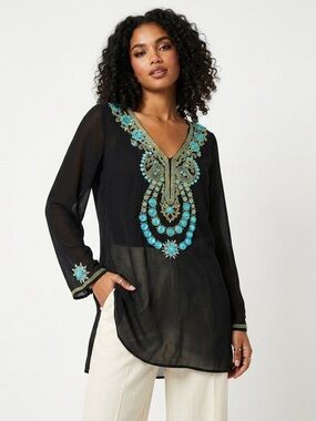 Natural Impressions Black Sheer Beaded Boho Tunic Top Size XL